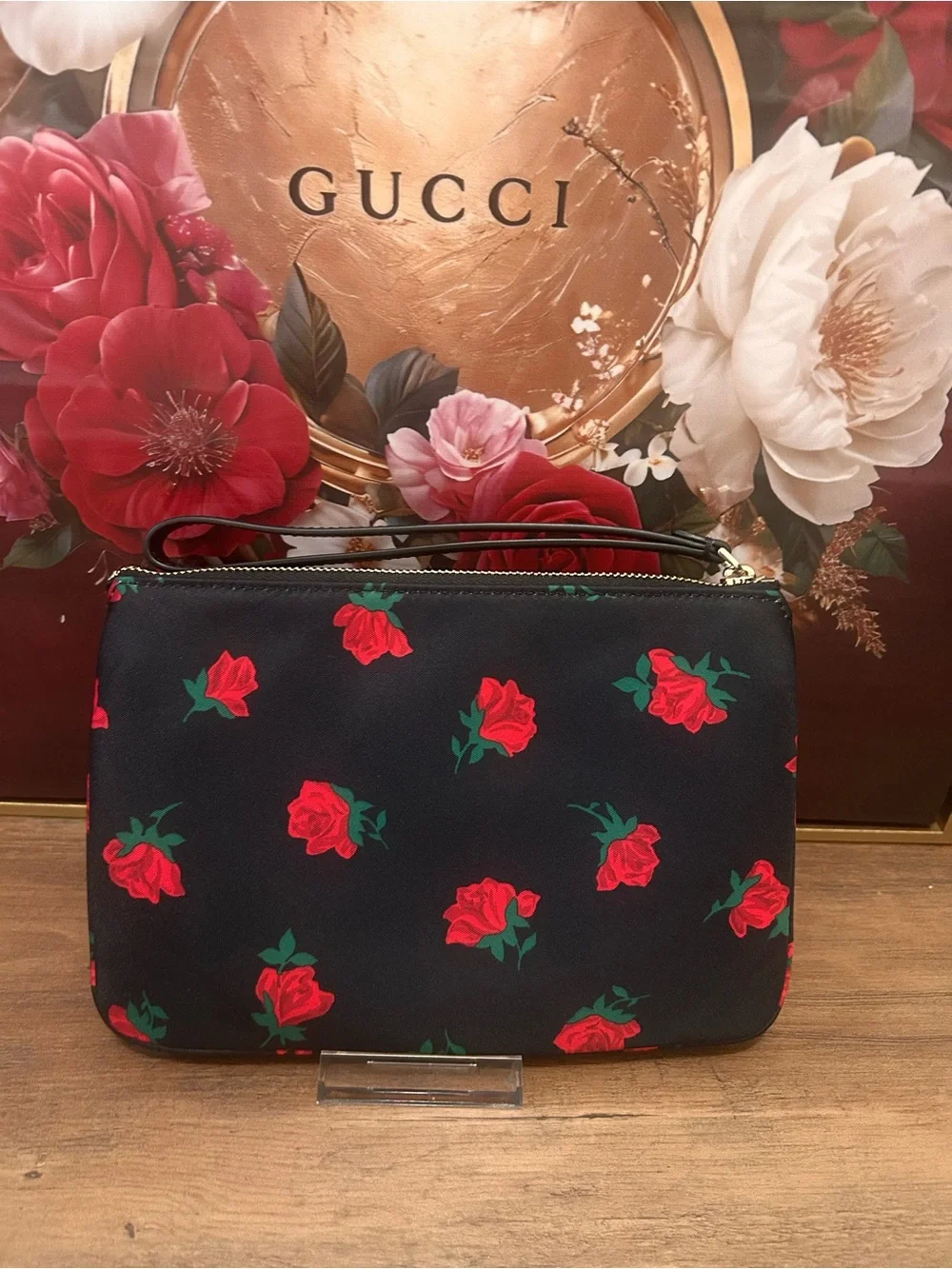 kate spade Black Red Rose-Print Wristlet